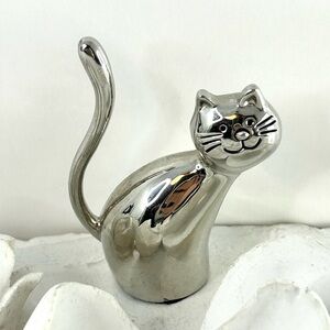 Cat Ring Holder Paperweight Shiny Silver Tone Metal